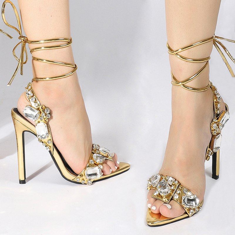 Liyke Sexy Ankle Strap Golded Sandals Women Party Nightclub Stripper Heels High Quality Crystal Dia Pointed Toe Wedding Shoe