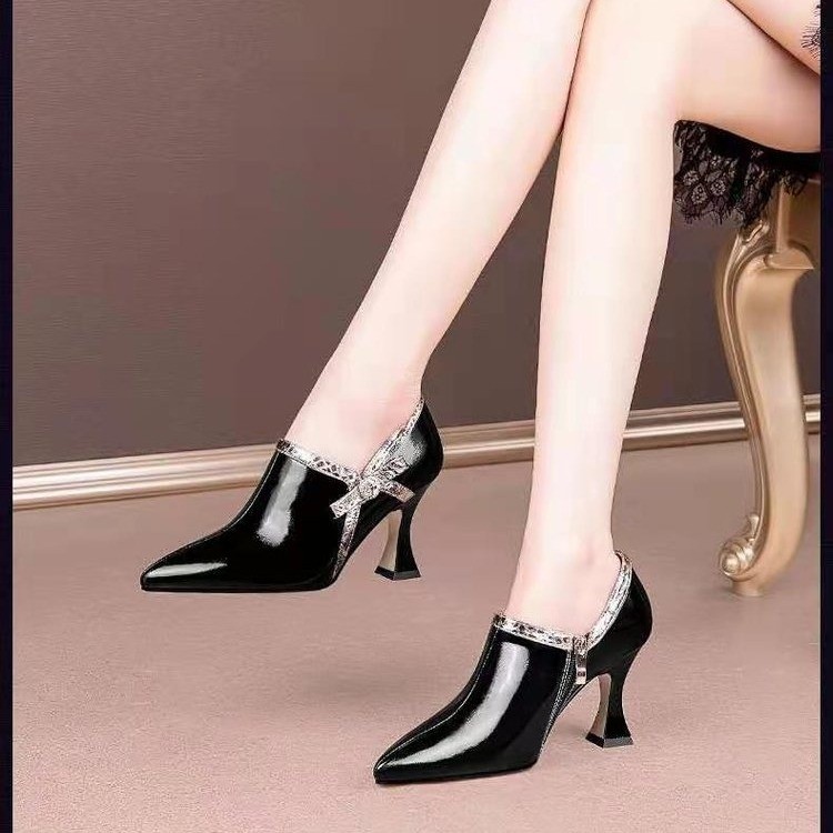 NEW 2022 Fashion Spring Women Pumps Quality High Heels Pointed Toe Bowtie Side Zip Female Footware New Black Green Shoes 0F48