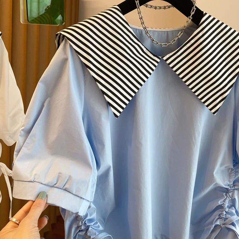 Korean Fashion Blouses Striped Contrast Color Draw String Peter Pan Collar Shirts Summer Short Sleeve Casual Loose Women Tops 240830
