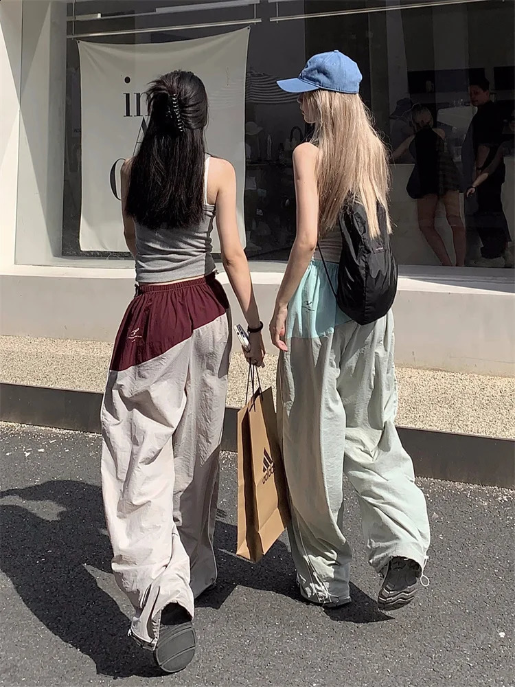QWEEK Korean Fashion Track Pants Womens Y2K Retro Patch Work Wide Leg Sports Oversized Quick Drying Kpop Street Jogging Trousers 240827