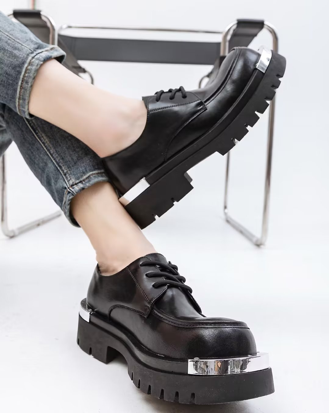 Korea 20f3d Men 2023 Leather Platform Oxfords Slip On Thick Tottom Male Derby Casual Loafers Mens Square Toe Formal Dress Shoes s