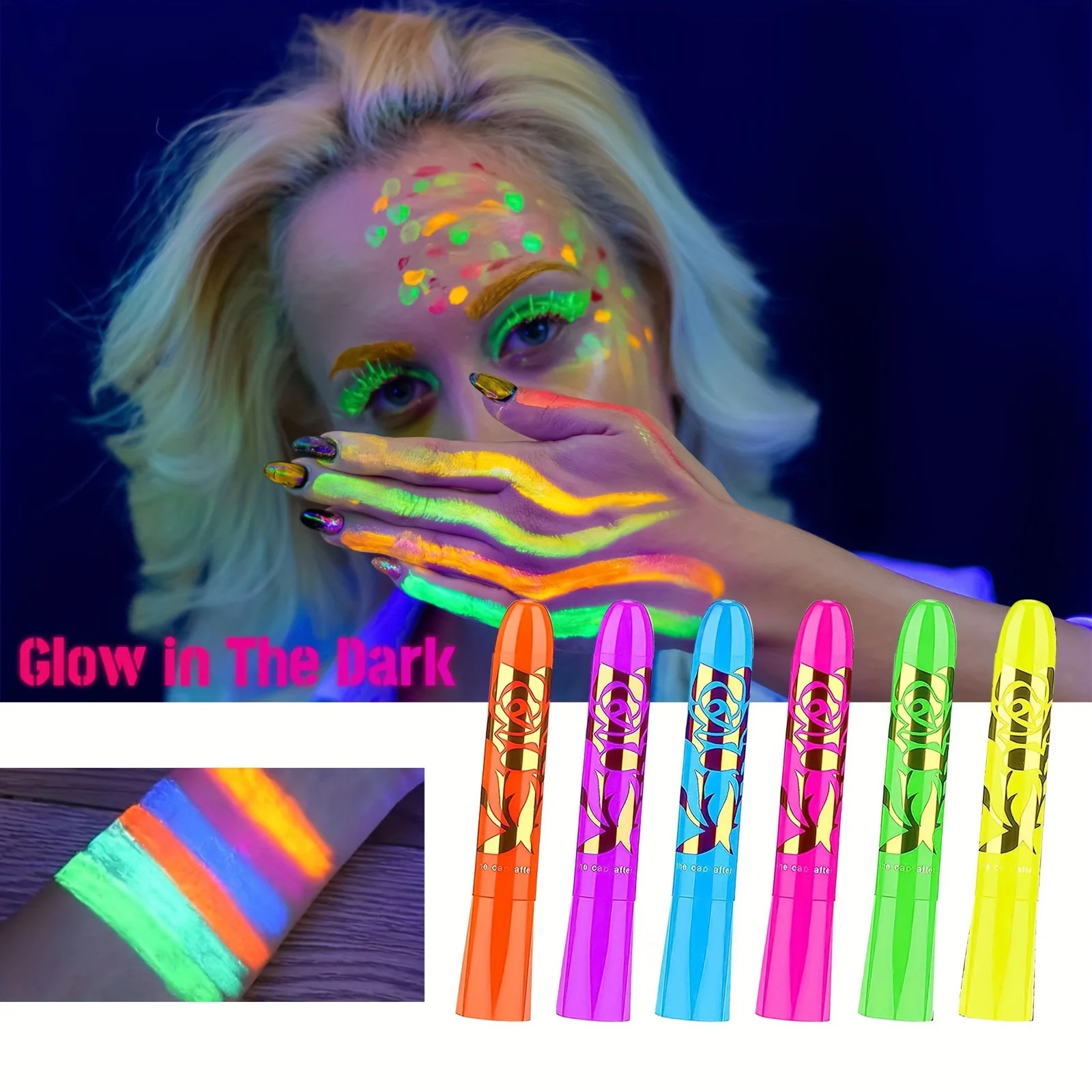 6-piece/set UV reactive glow in the dark crayon set neon glow makeup wand used for carnival and Halloween makeup 240829