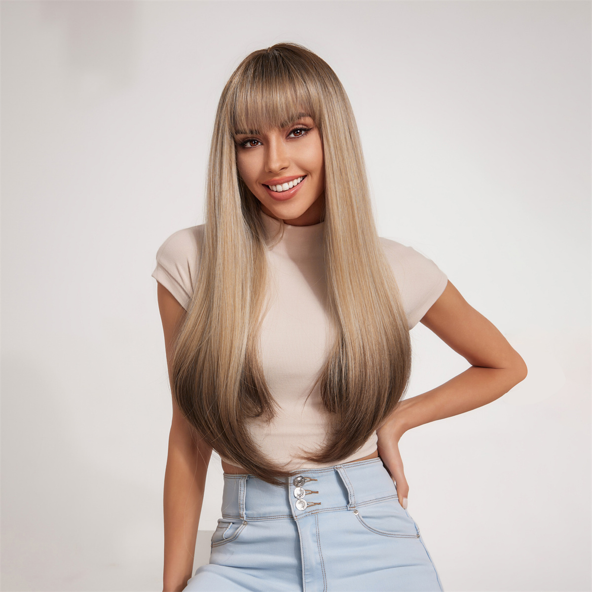 Brazilian Long Hair Straight Colored Wig With Bangs Fringe Similar to Real Human Hair For Women With Babyhair Glueless No Full Lace Wig Synthetic Silk