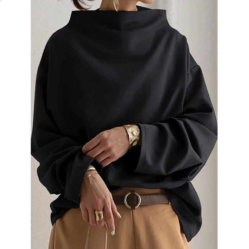 Jennifer black solid color loose long sleeved high neck sweater suitable for casual and simple occasions when going out 240827