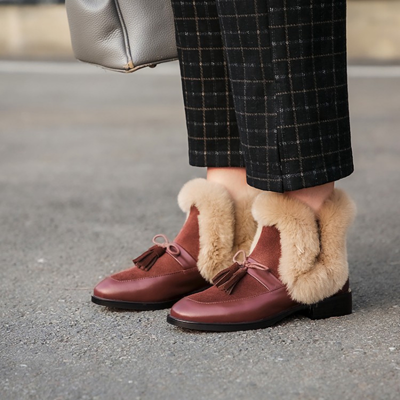 winter 2020 ankle round toe low heel short plush warm women boots bowknot genuine leather women's shoes d4c1 's