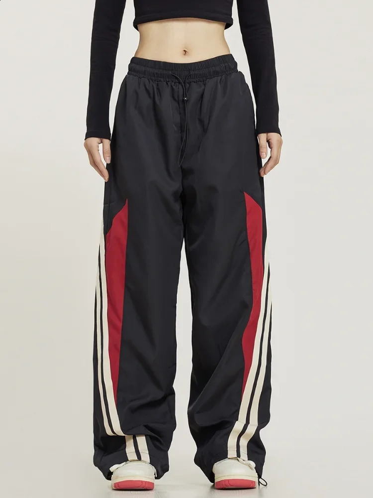 Deeptown wide leg sports pants womens runner bag Y2k retro casual street clothing track black oversized basic 240827