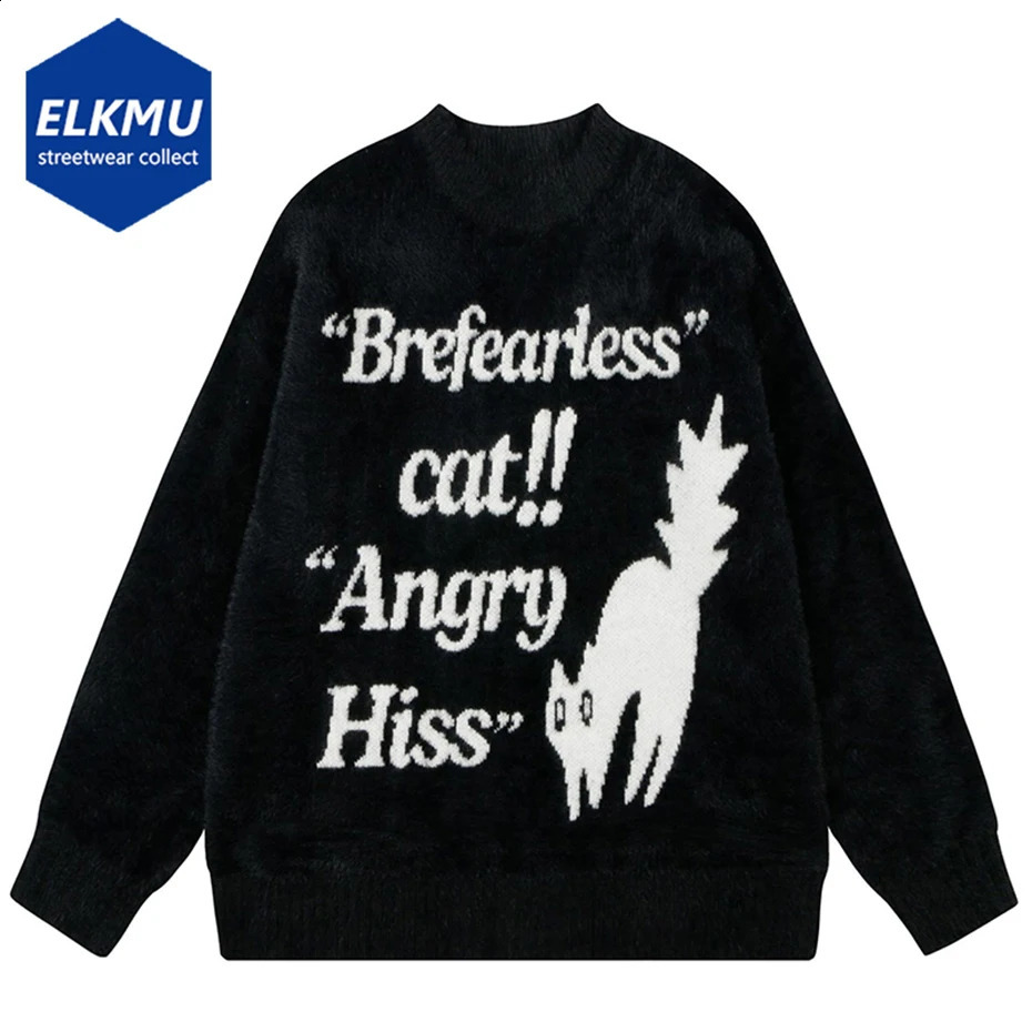Cats Graphic Sweaters Mens Street Clothing Hip Hop Oversized Harajuku Sweater Black Beige Loose Pullover Sweater Knitted Jumper Y2K 240829
