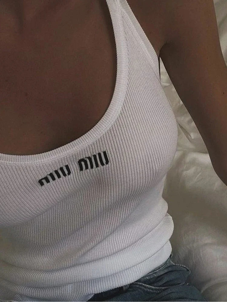 Summer Fashionable Womens Sexy Slim Blouse O Collar Sleeveless Ladys Running Tanks Vest Embroidered Letter Street Tops Tees 240829