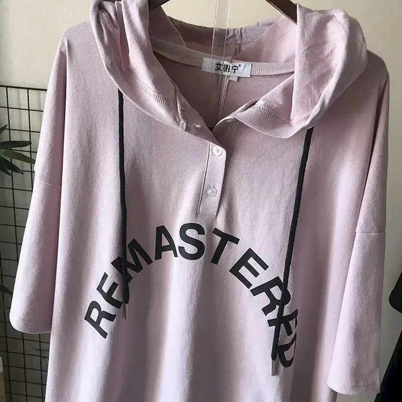 Oversized womens hoodie medium length short sleeved Tshirt summer Korean style loose casual 240827