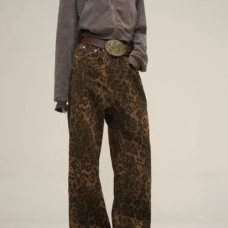 Leopard Print Womens Wide Leg Pants Unique Style Y2k Jeans 240827