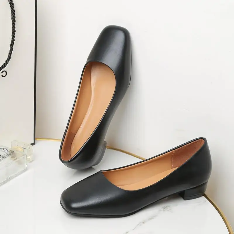 New Women Loafers Simple Low Heels Office Work Casual Slip on Flat Footwear Ladies Square Toe Shoes 2024 c312