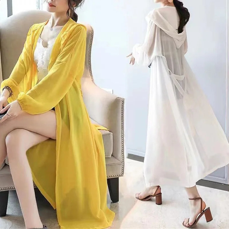 Summer Sun Protection Clothing Women Hooded Cardigan Female Chiffon Sunscreen Shirt Long Coat Ladies Shawl Outerwear 240819