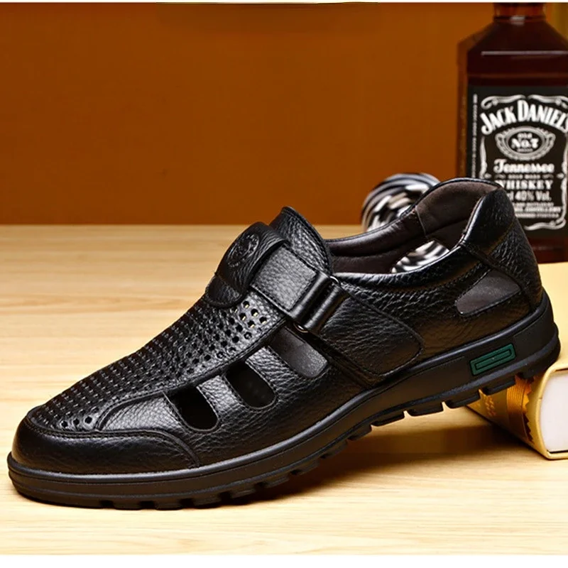 2025 NEW Sandals Men Leather Men s Fashion Hollow Out Breathable Comfortable Sandalias Flat Casual Shoes be s