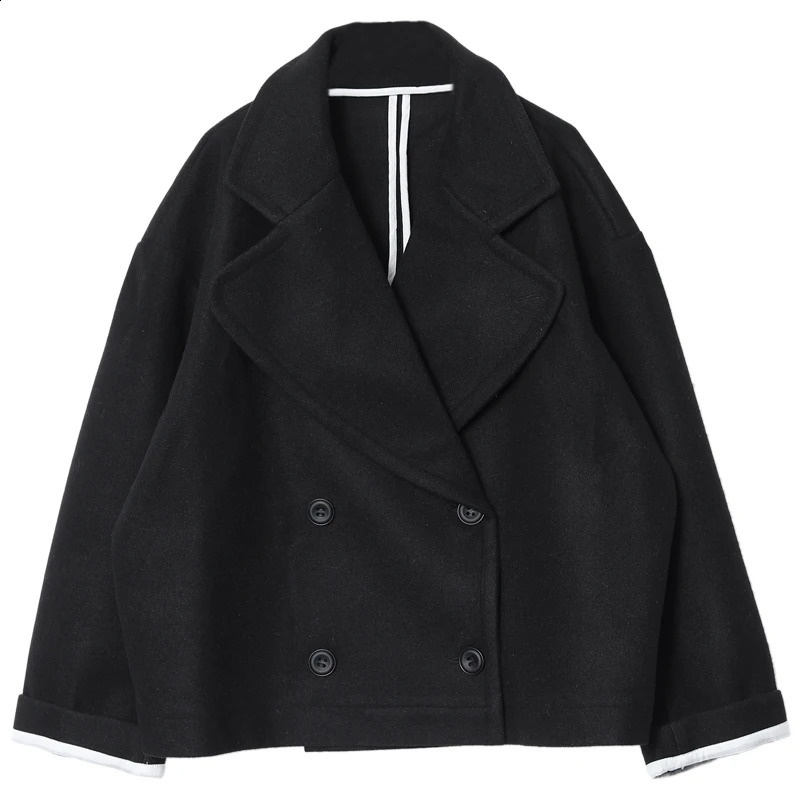 Mens black short wool coat Japanese loose double-layer fashion trend large-sized wool coat 240829