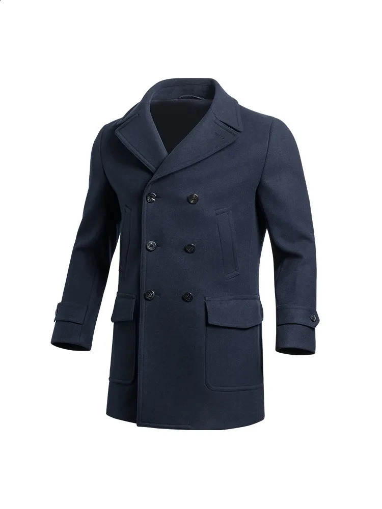 American retro navy blue wool mens slim fit jacket medium length business casual windproof jacket 240829