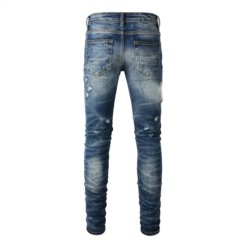 Mens high street blue jeans embroidered with letters tight elastic jeans 240829