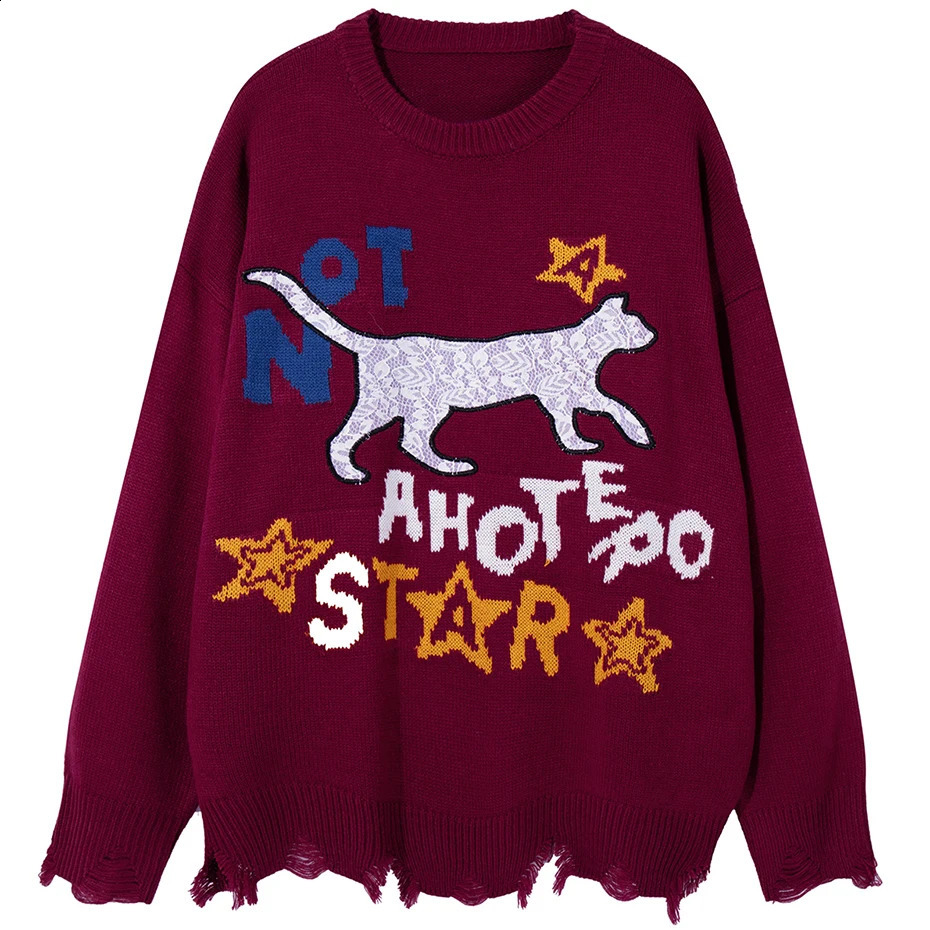 Hip Hop Mens Sweater Cat Letter Graphic Oversized Pullover Sweater Knitted Jumper Harajuku Street Clothing Black Loose Sweater 240829