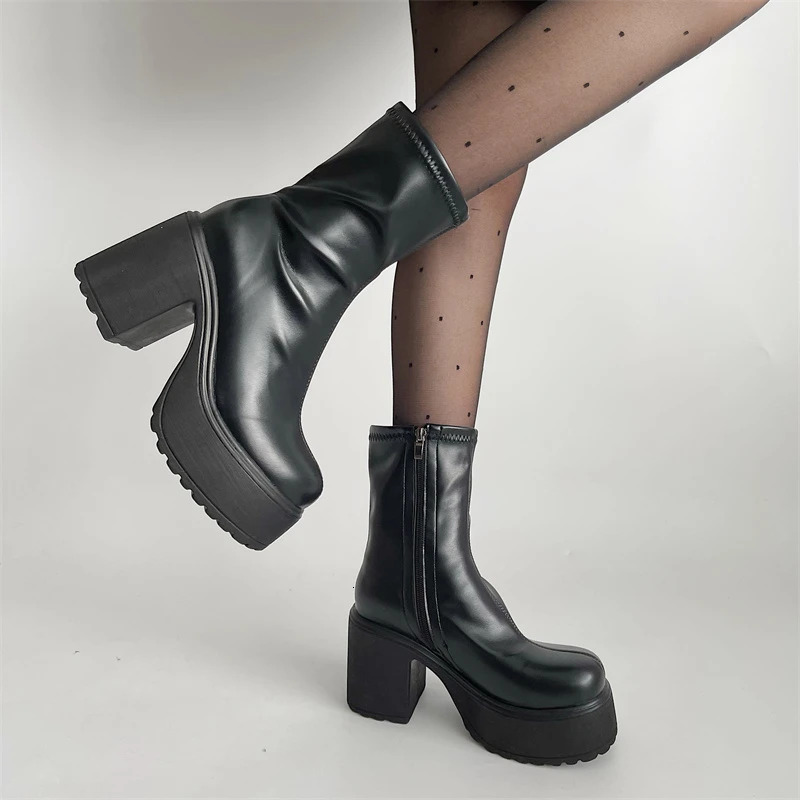 Platform Thick Heel Women Short Boots Fashion Side Zippers Ankle Booties Night Club Autumn Winter Female Shoes