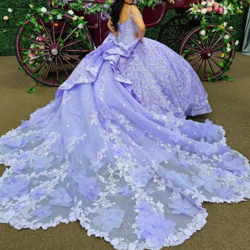 Lavender Shiny Princess Quinceanera Dresses 3D wer Sequin Applique Bow Beads Tull Corset Cinderella Party Sweet 16 Dress vestidos de 15