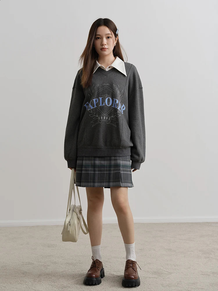 DUSHU Vneck printed womens long sleeved sweatshirt loose 100% cotton looped winter item 240827