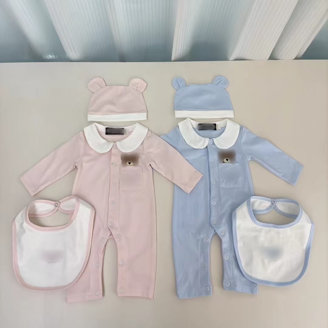 Designer Infant cotton rompers sets Newborn baby girls cartoon bear long sleeve jumpsuits hat bibs 3pcs Luxury babies 1st climb clothes S1937