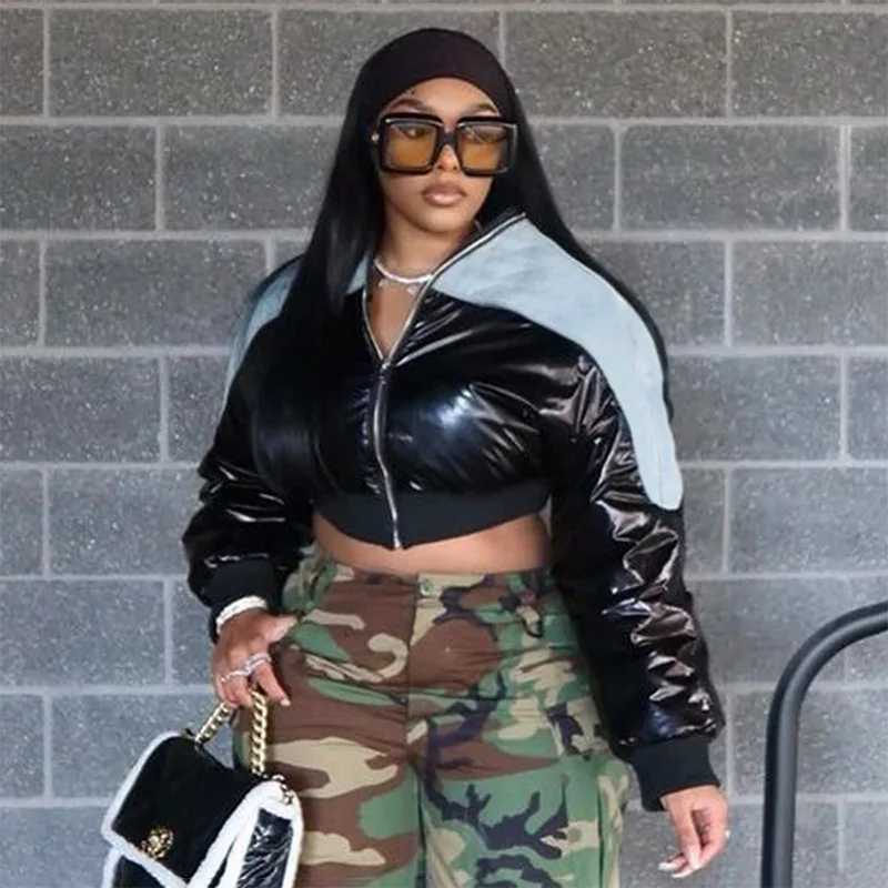 Women's Down Parkas Fashion Women Shiny Black PU Leather Denim Puffer Jacket High Waist Bubble Coats Hiphop Lady Zipper Crop Puff Parkas Down Win