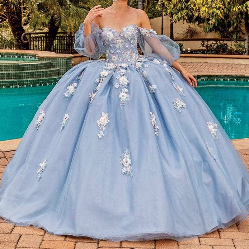 Sky Blue Shiny Quinceanera Dressees Off The Shoulder Applique Lace Tull Puff Sleeve Sweet 16 Years Old vestido 15 De