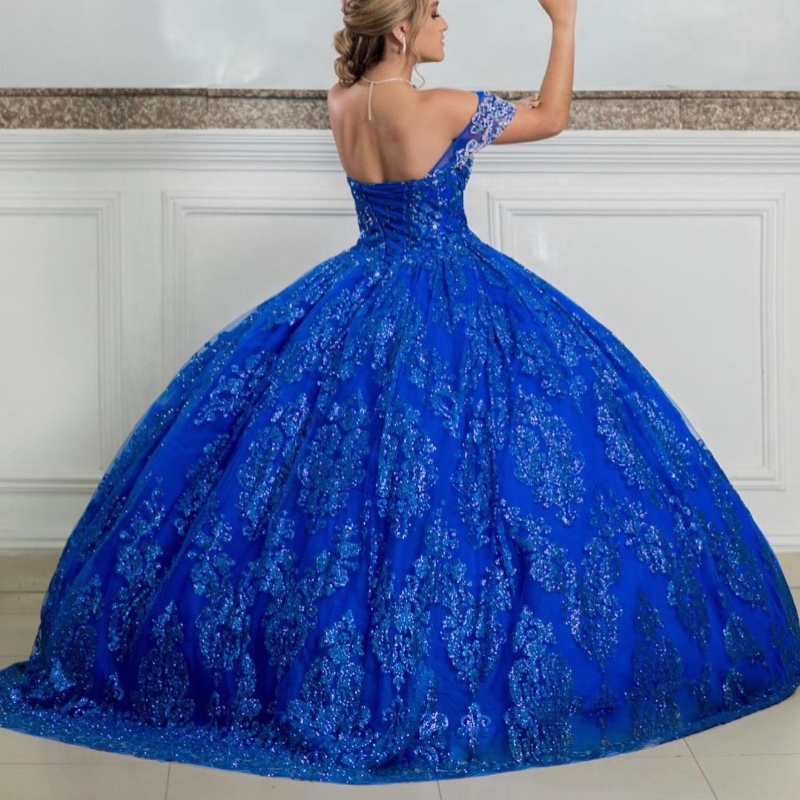 Royal Blue Shiny Quinceanera Dress Off The Shoulder Princess Sequin Applique Beads Crystal Tull Sweet 16 Birthday Party Gown Vestido De 15 Anos