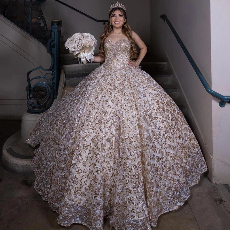 Champagne Sweetheart Ruffles Bow Ball Gown Quinceanera Dresses Sequined Lace Beading Crystal Corset Vestidos De 15 Anos