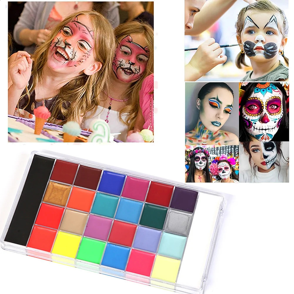 26 color and body painting palette kit Halloween makeup kit with 12 brushes 6 stickers used for role-playing party stage makeup 240829