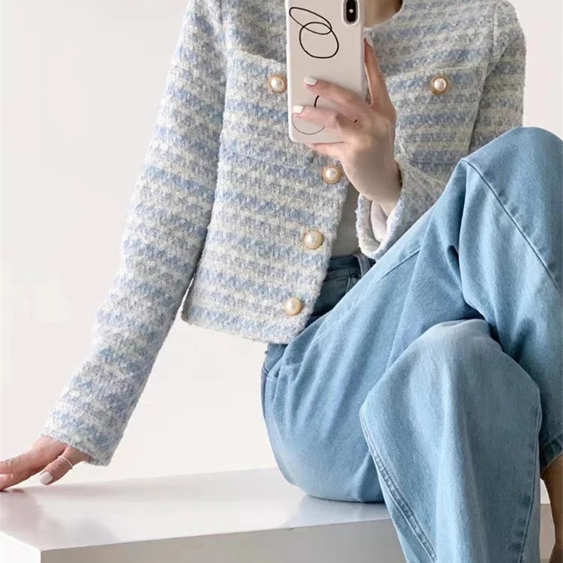 ITOOLIN Autumn Winter Women Elegant Tweed Cardigan Short Coat With Pocket Single Breasted Jacket For Women Loose Outwear 240829