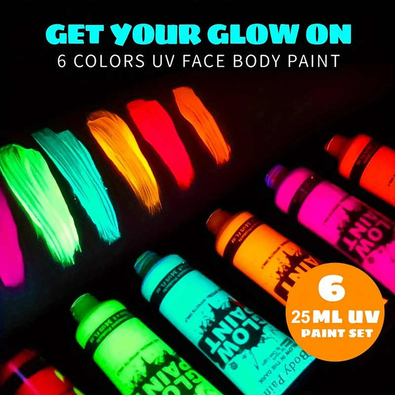 6 pieces of 25ml fluorescent paint luminous body painting painting party Halloween event makeup club makeup Christmas Gl 240829