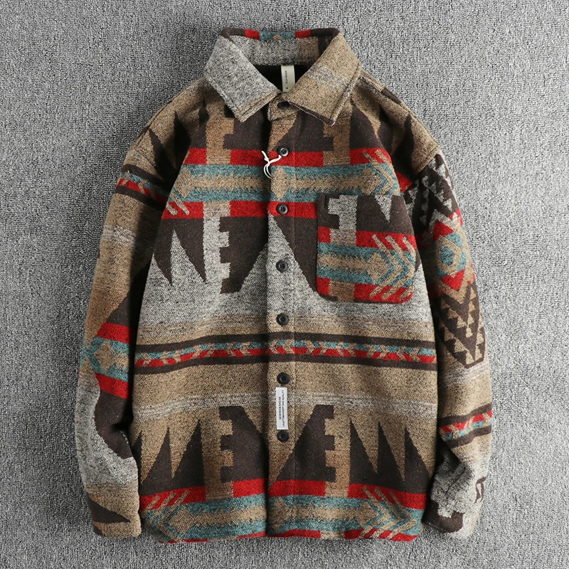 Heavy duty retro tribal pattern wool fabric long sleeved shirt mens autumn and winter thick warm American casual jacket 240829