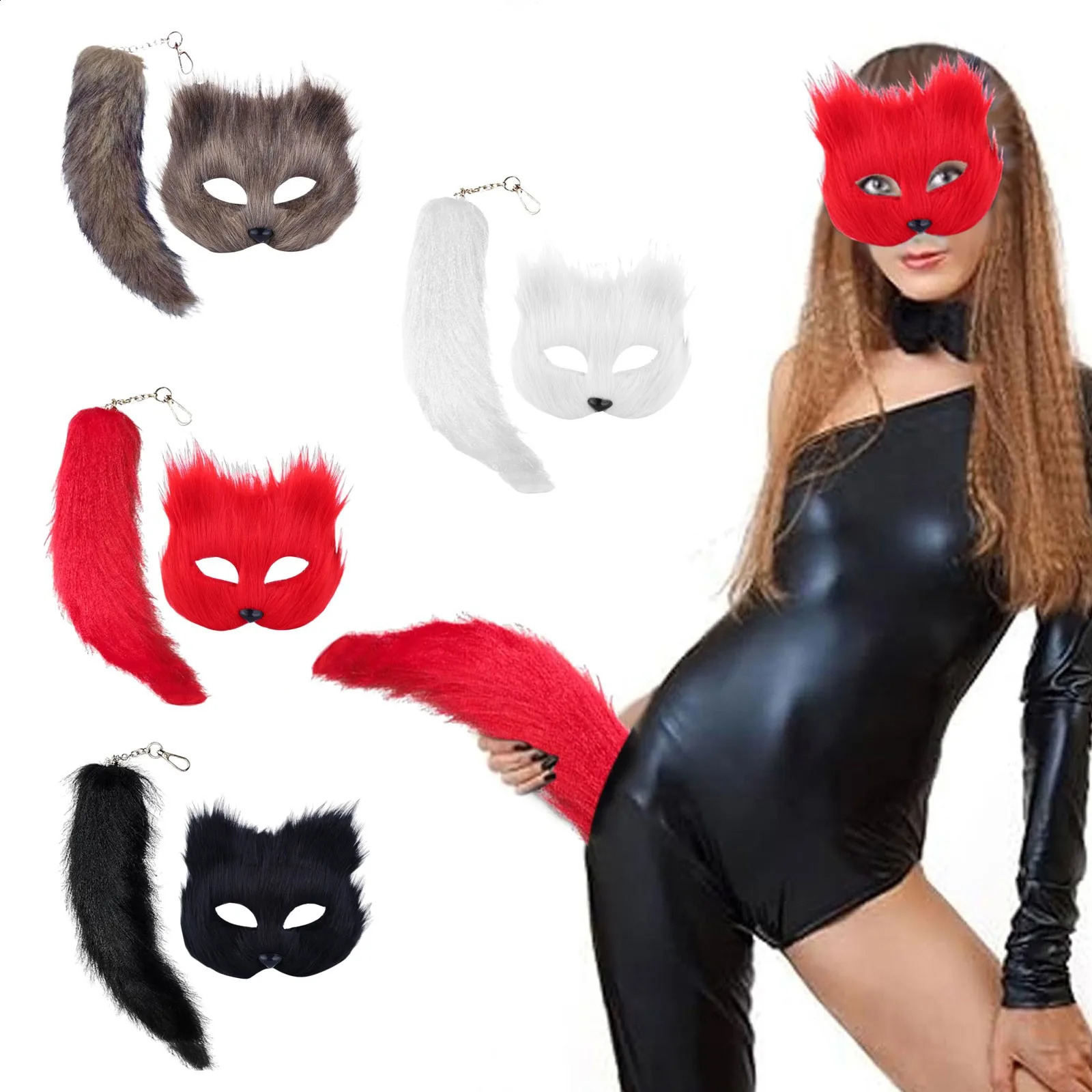 Therian Mask and Tail Set Halloween Cosplays Costume Accessorie Cats Half Face Faux Furs es 240829