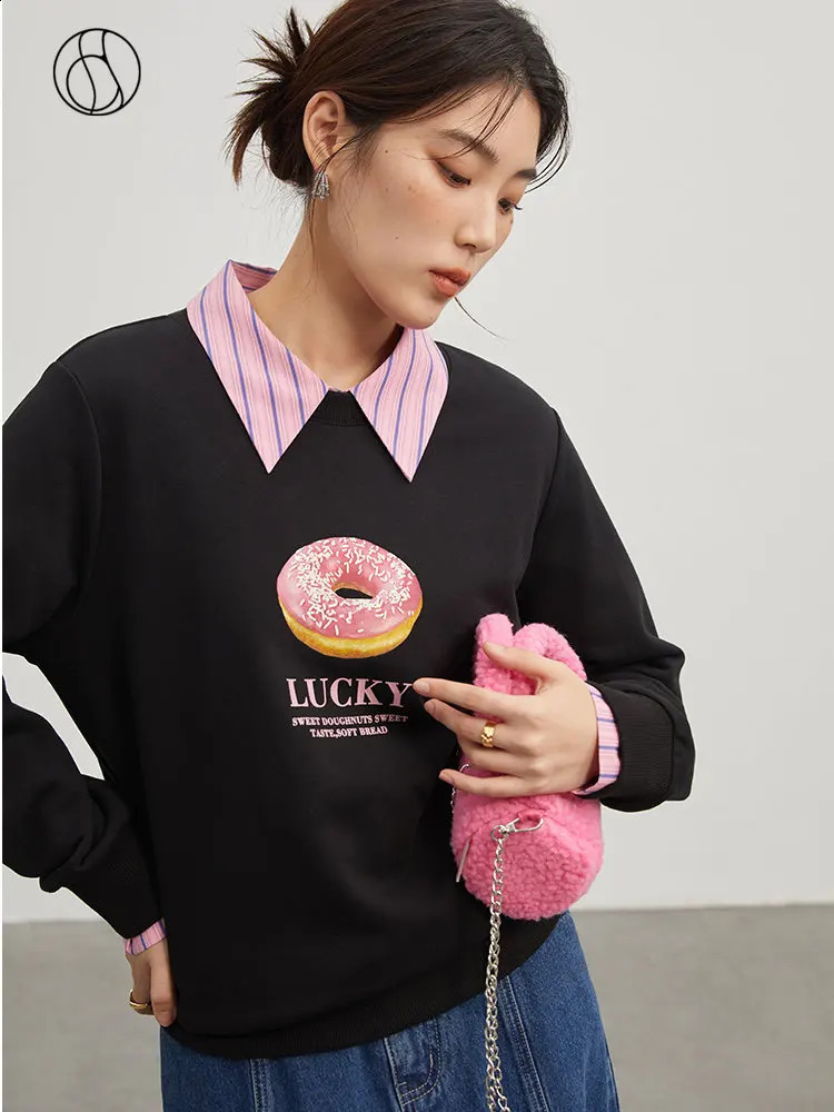 DUSHU Printed Sportswear Womens Solid Loose Warm Pulling Flower Round Neck Korean Casual Winter Top 240827