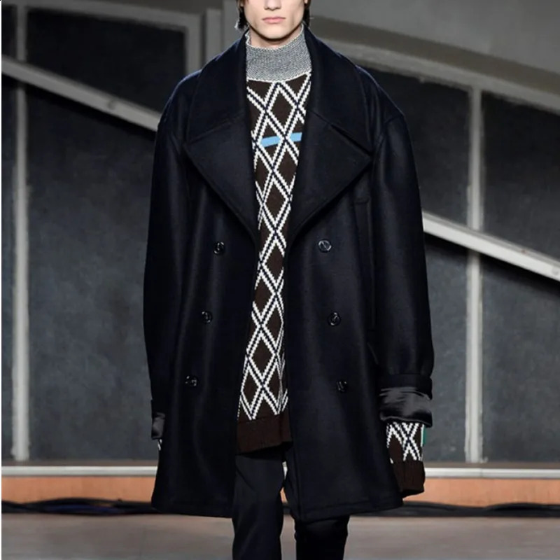 Mens wool coat double-layer loose medium length large size thick solid color casual wool coat 240829