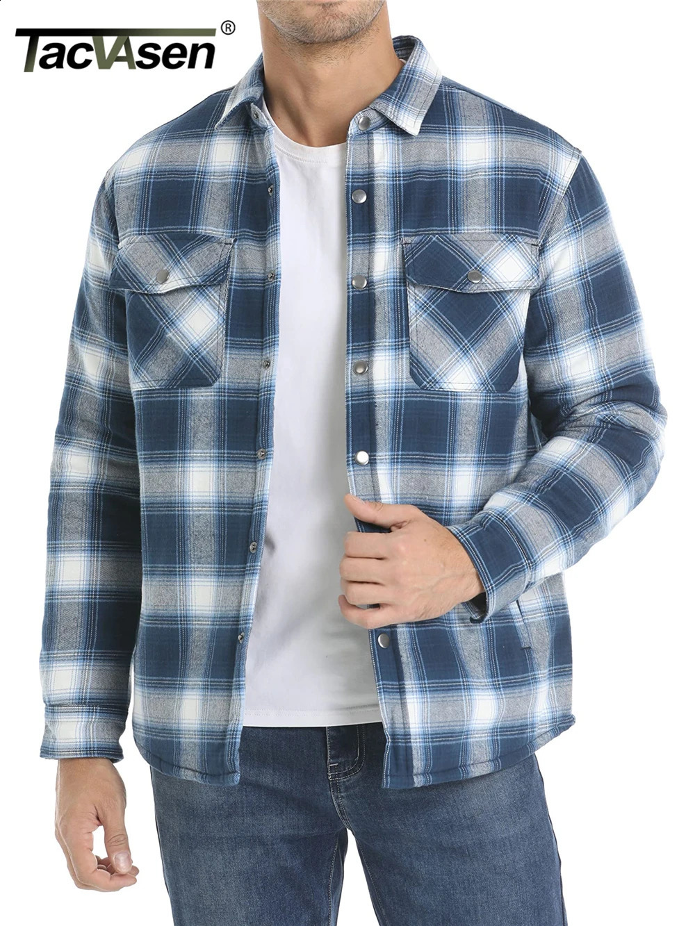 TACVASEN Winter Plaid Cotton Jackets Mens Long Sleeve Quilted Lined Flannel Shirt Jacket Multi-Pockets Outwear Hiking Coats Tops 240829