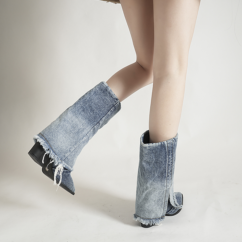 Shoes Women Brand Short Ladies Boots Pointed Toe Square High Heel Mid Calf Fold Booties Bottes 1103