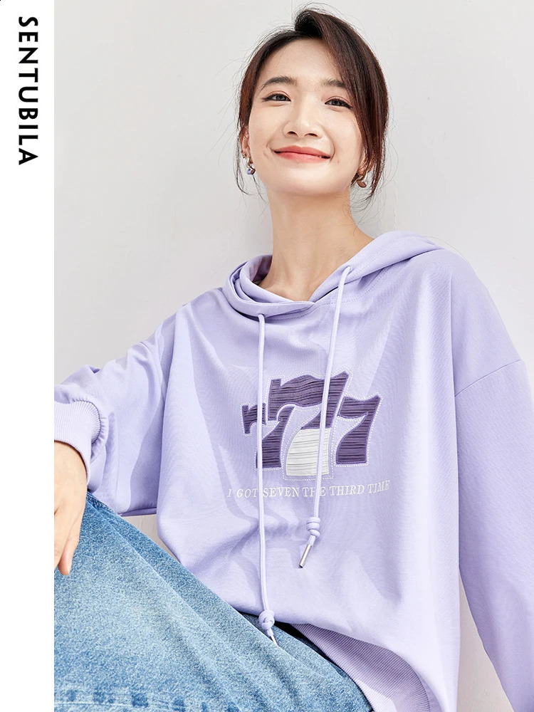 SENTUBILA Womens Hoodie Letter Printed Loose Simple Sports Shirt Spring Autumn Pullover Top W33A52228 240827