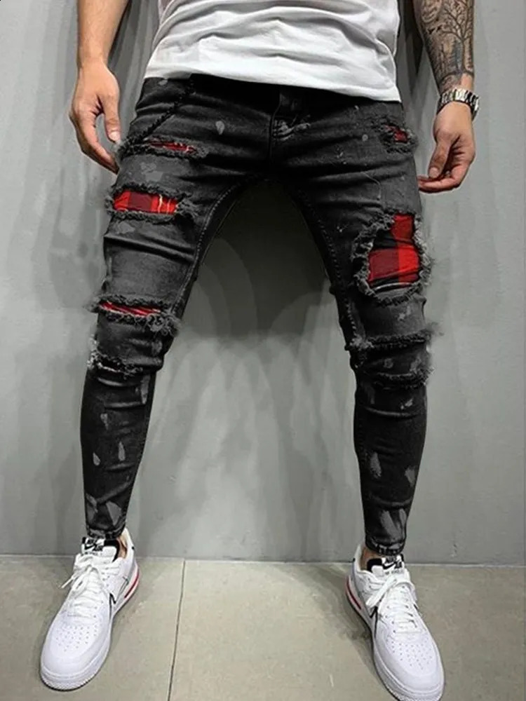 Mens Skinny Ripped Jeans Fashion Grid Beggar Patches Slim Fit Stretch Casual Denim Pencil Pants Painting Jogging Trousers Men 240826Z