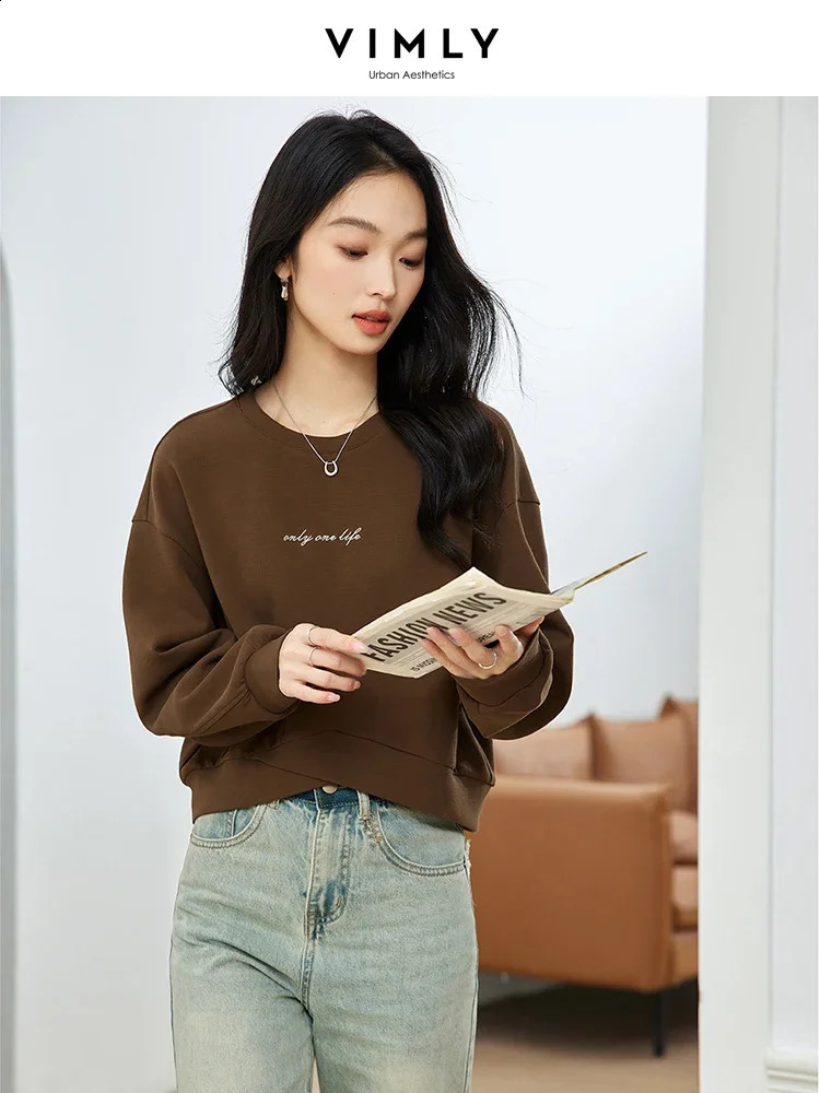 Vimly Womens Sweater Autumn Irregular Loose Floral Letter Printing Embroidery Short Simple Version Top M8313 240827