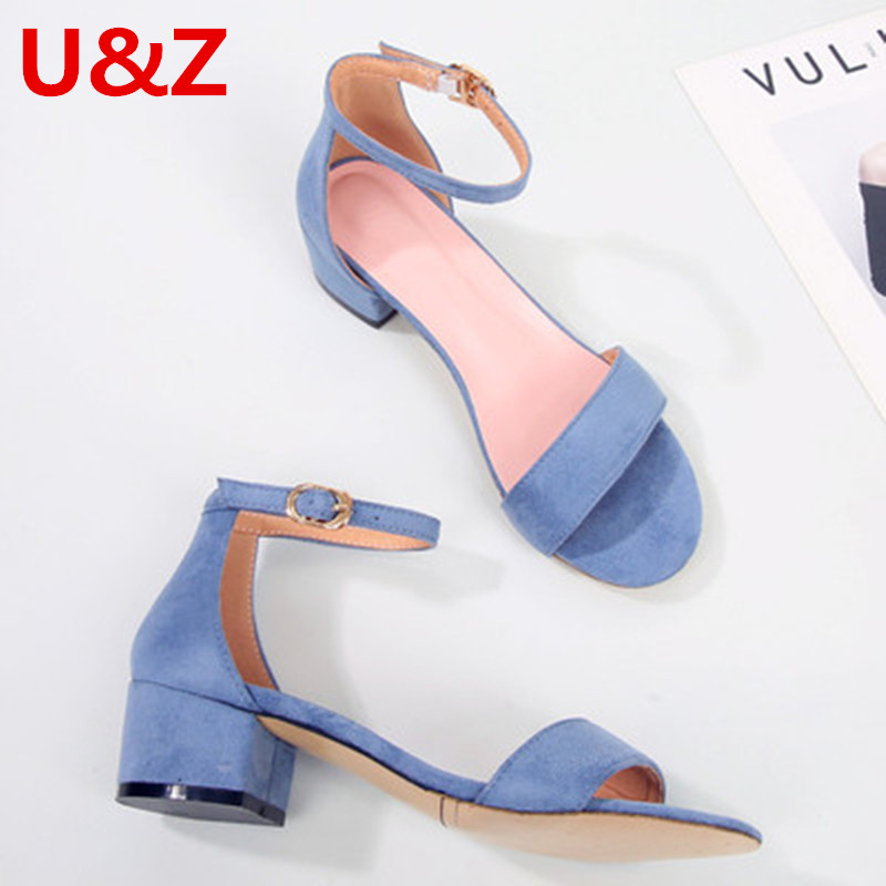 Suede Leather Sandals women heels for Teenagers Girls,Blue/Black one strap Buckle sandals Low heels Comfy Sandals Students