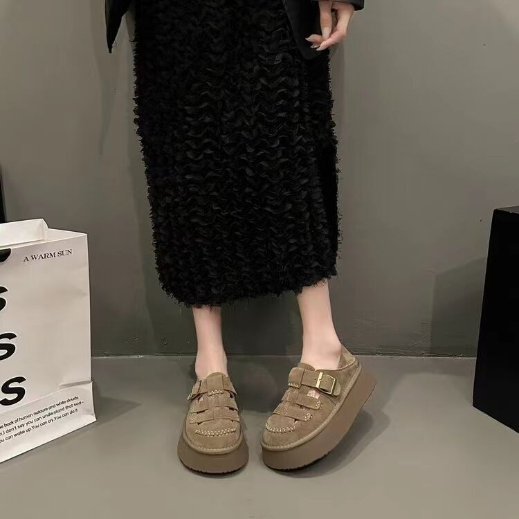 Retro Shoe Hollow-out Round Head Deep Mouth Single Shoe Women 2024 New Spring Platform Slip-on Bao Head Sandals Womens Shoes