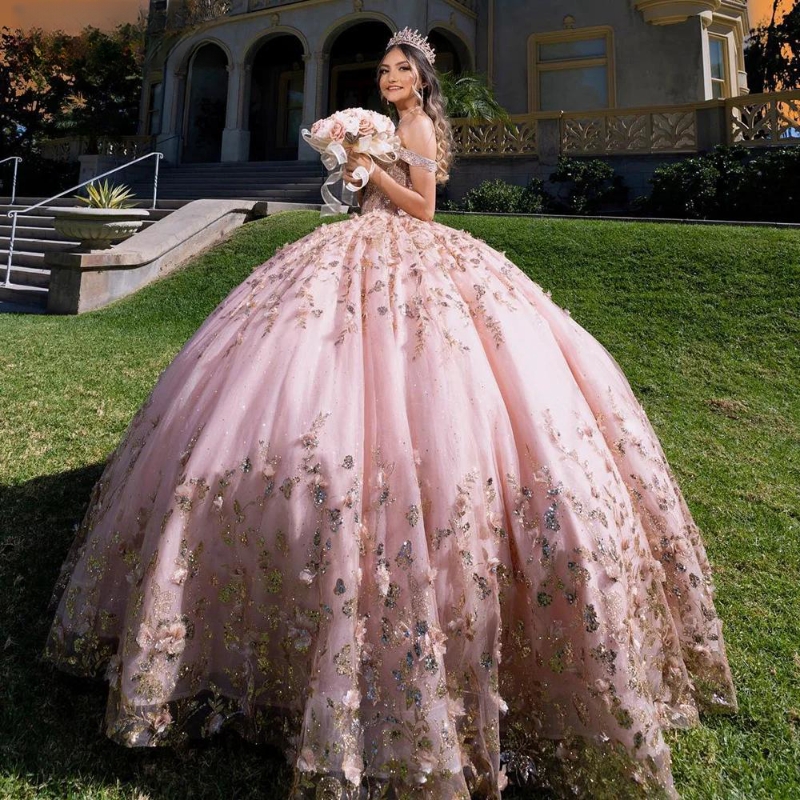 Pink Off The Shoulder 3D wers Ball Gown Quinceanera Dresses Ruffles Sequined Appliques Lace Beads Tull Corset Vestidos De 15 Anos