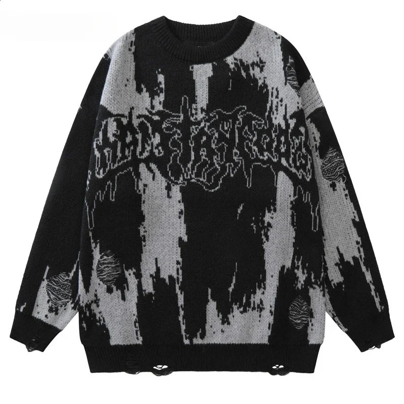 Hip Ripped Sweaters Grunge Y2K Retro Knitted Punk Gothic Street Jumper Sweater Harajuku Mens Fashion Pullover 240829