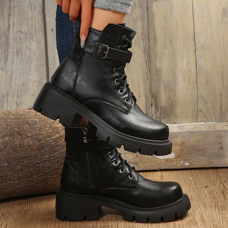 Buckle Belt Platform Combat Women Chunky Heels Lace Up Ankle Boots Woman Side Zipper PU Leather Short Booties Plus Size 43 7600