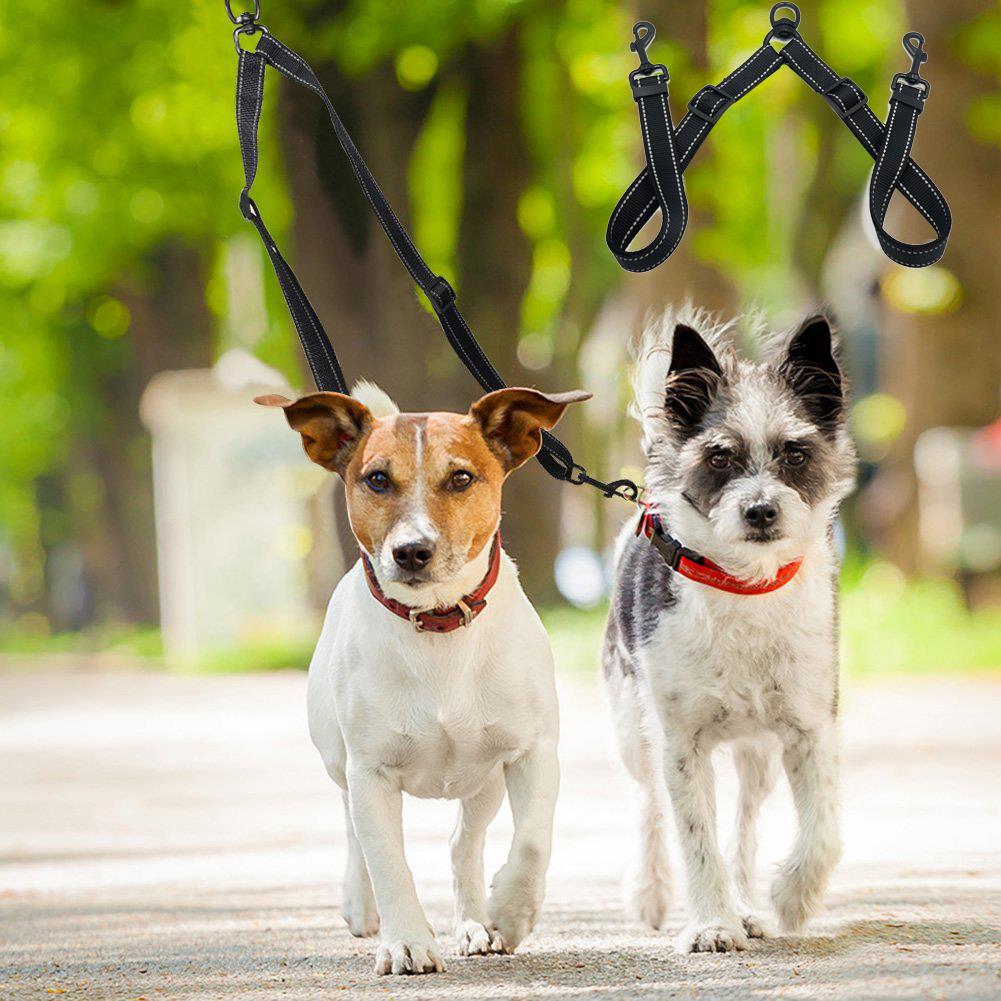Black Double Leash Coupler for Large Dogs Adjustable Heavy Duty Nylon Splitter for Two Big Dogs
