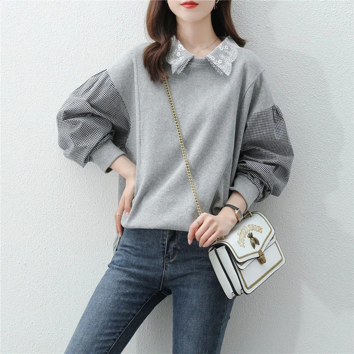 Autumn Womens Splicing Collar Hoodie Trend Ins Loose Korean Spring and Thin Edition Coat Top 240827