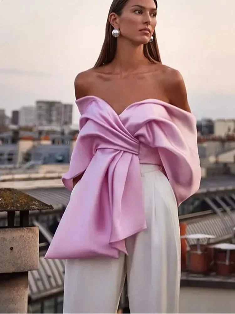 Elegant Pleated Satin Pink Bow Women Tops Sexy Off Shoulder V-neck Backless Cropped Tank Top 2024 Spring Summer Chic Lady Vest 240830