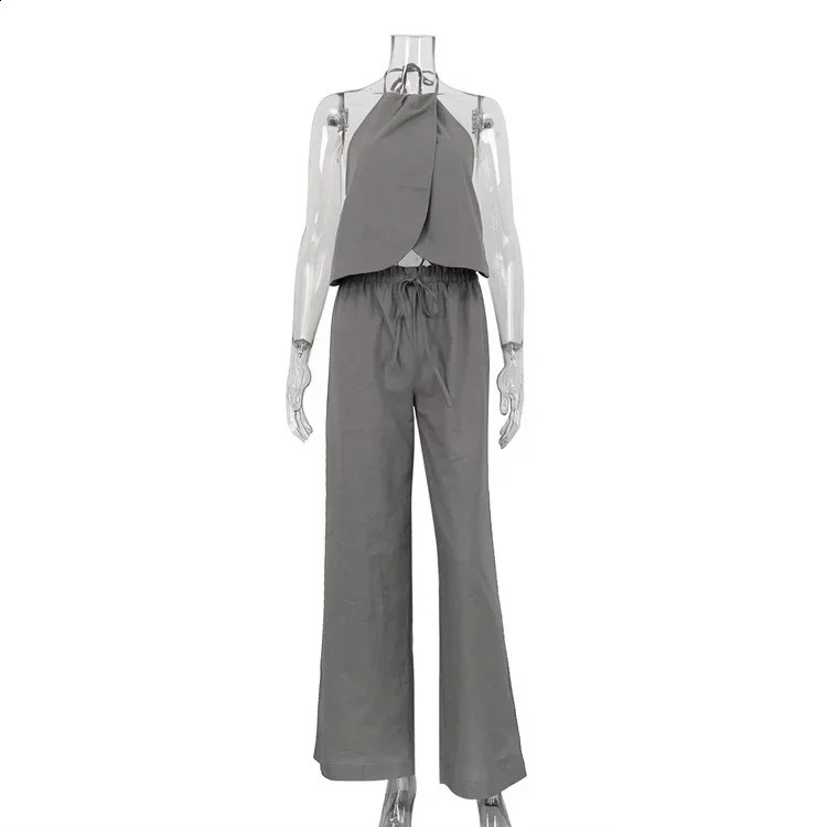 2024 Summer Womens Sexy Two Piece Set with Strap Up Neck Hanging Sleeveless Top and Wide Leg Pants 240829